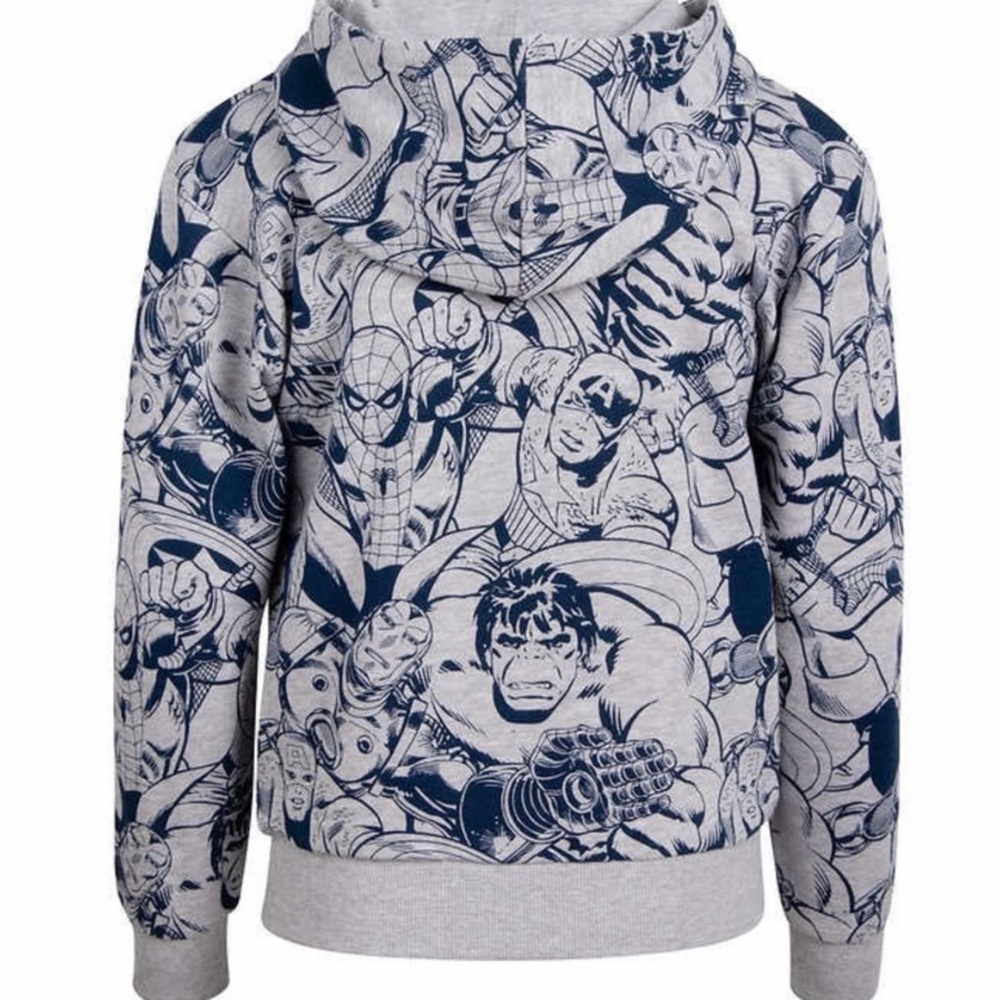 NWT Boys Marvel Graphic Print Hoodie Pullover Gray Blue Sweatshirt - Picture 2 of 10